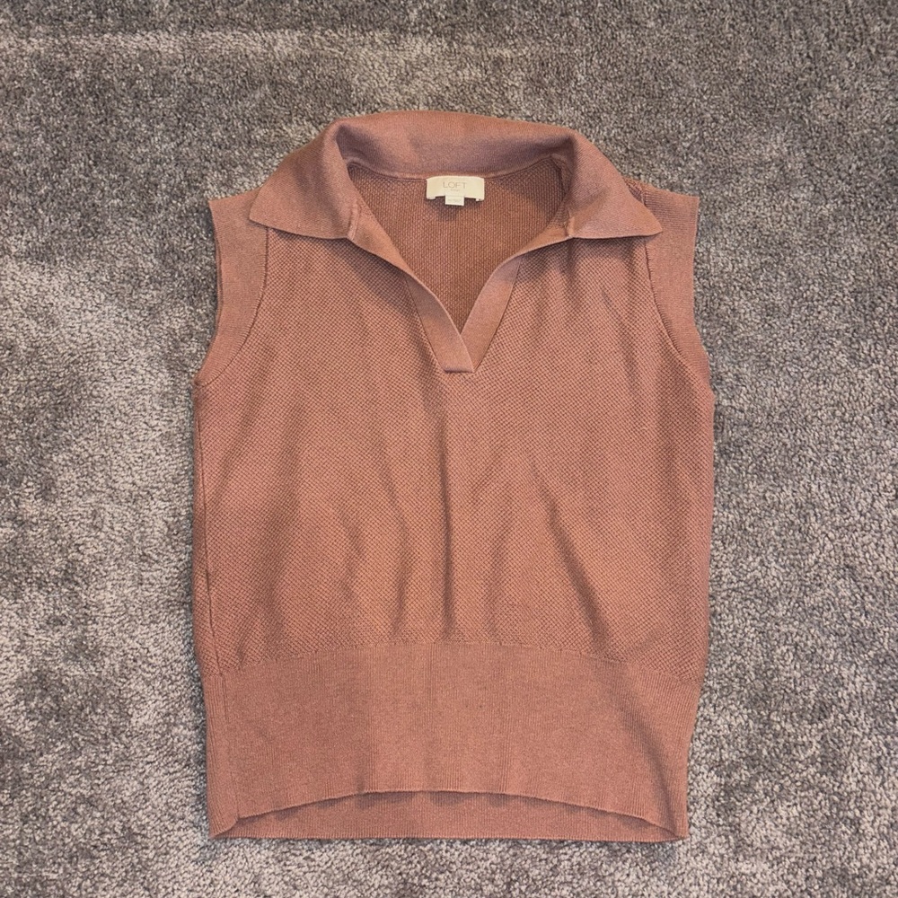 LOFT Brown Sleeveless Collared Knit Top